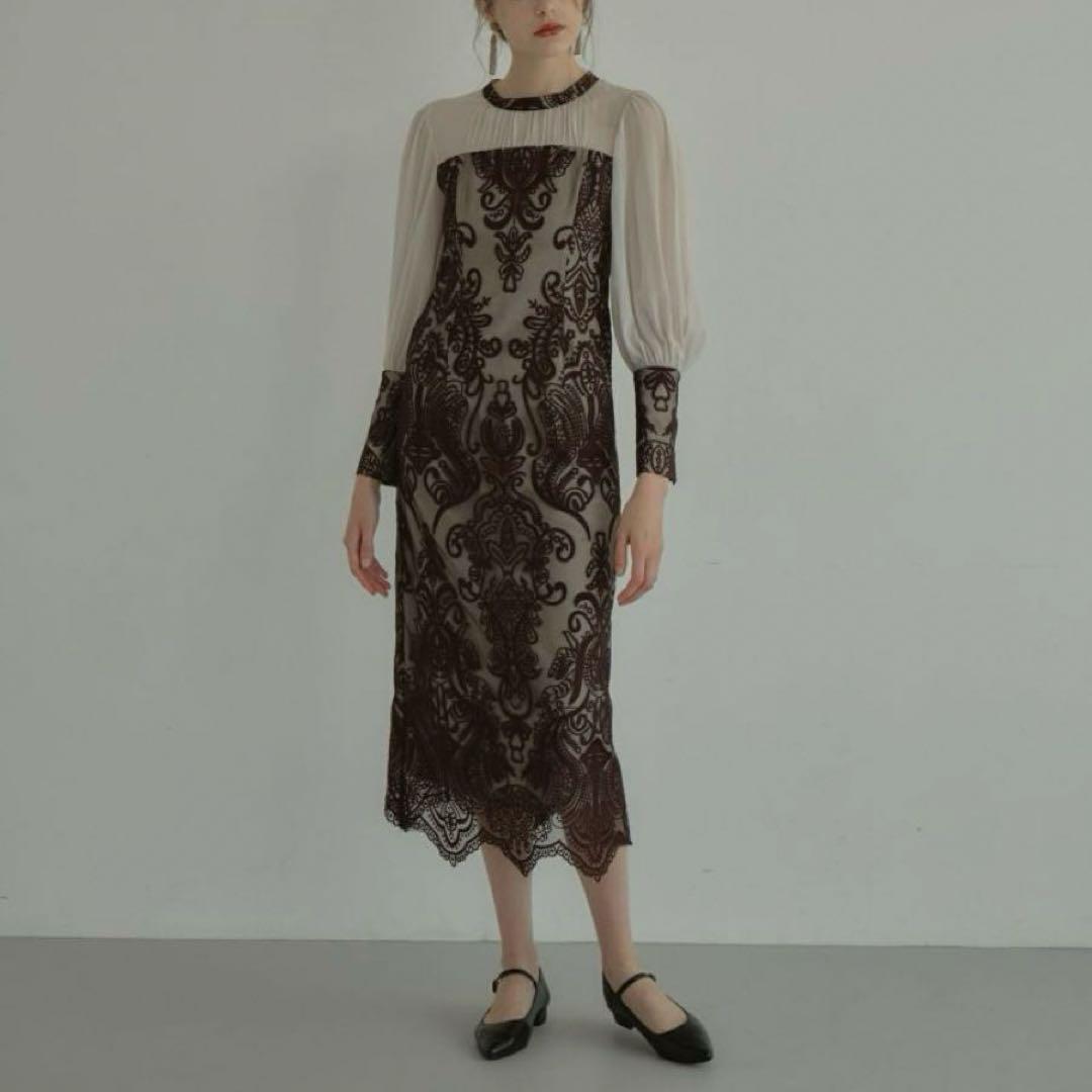 【美品・24SS】　ANDRESD　ダマスクギャザードレス　ワンピース　カーキ