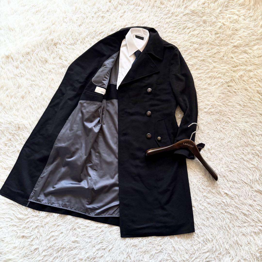 <美品>LARDINI キャメル100% ブラック ダブルチェスターコート 46
