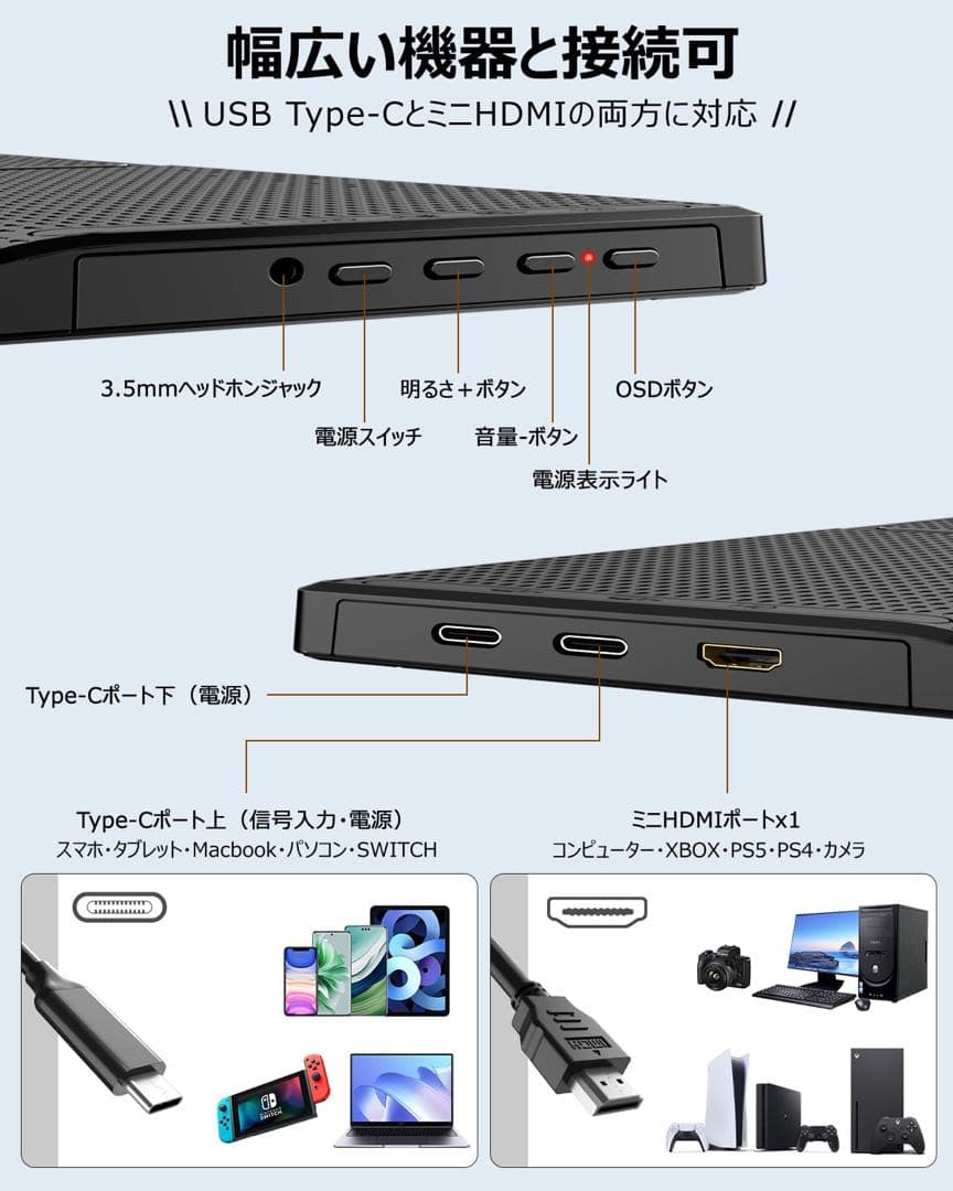 モバイルモニター 15.6インチ フルHD キックスタンド型&保護カバー 薄型