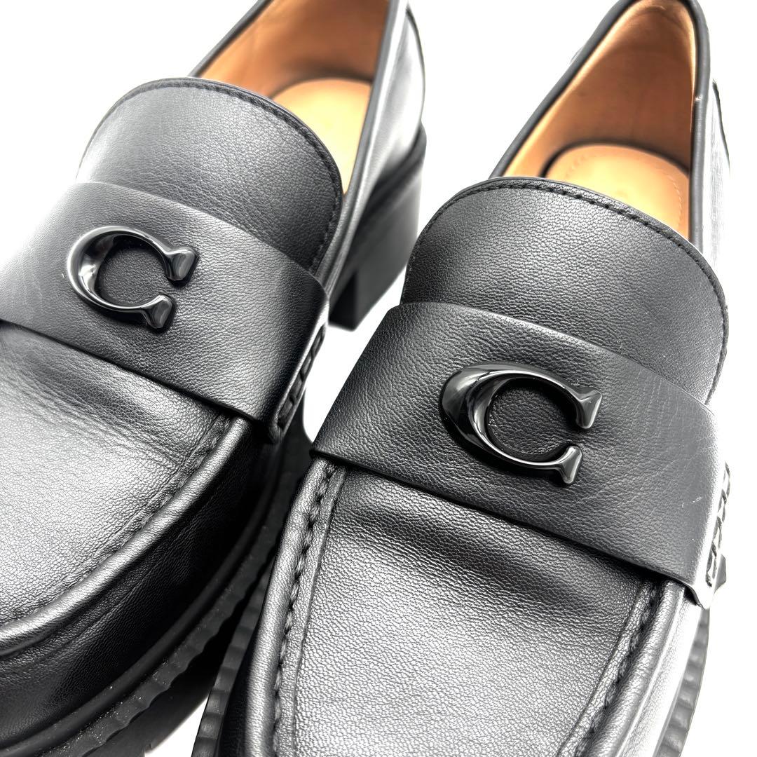 未使用保管品 コーチ リア ローファー C金具 レザー レディース 23cm 黒