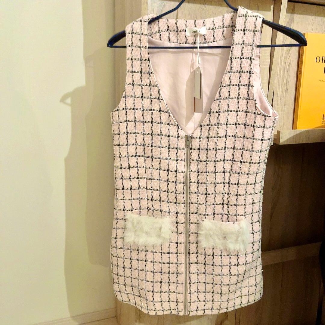 ダーリッチ フロントファスナーツイードミニワンピース ピンク