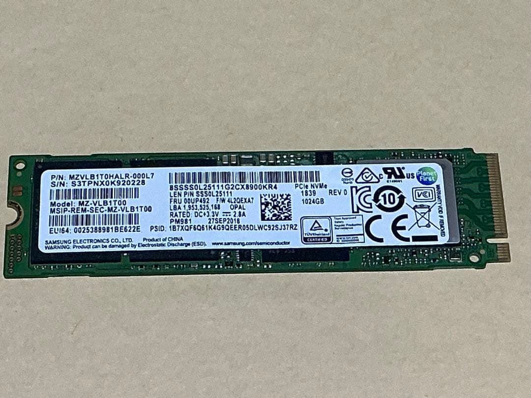 Samsung PM981 NVMe ★1TB★使用時間：889ｈ