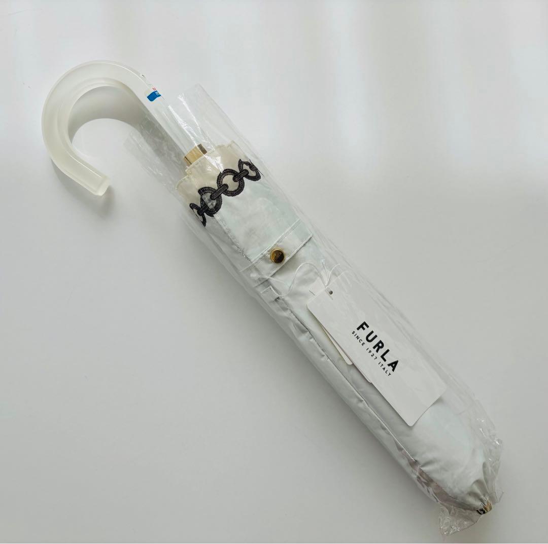 【新品】フルラ　日傘　晴雨兼用　オーガンジーチェーン刺繍　楽折　軽量　白