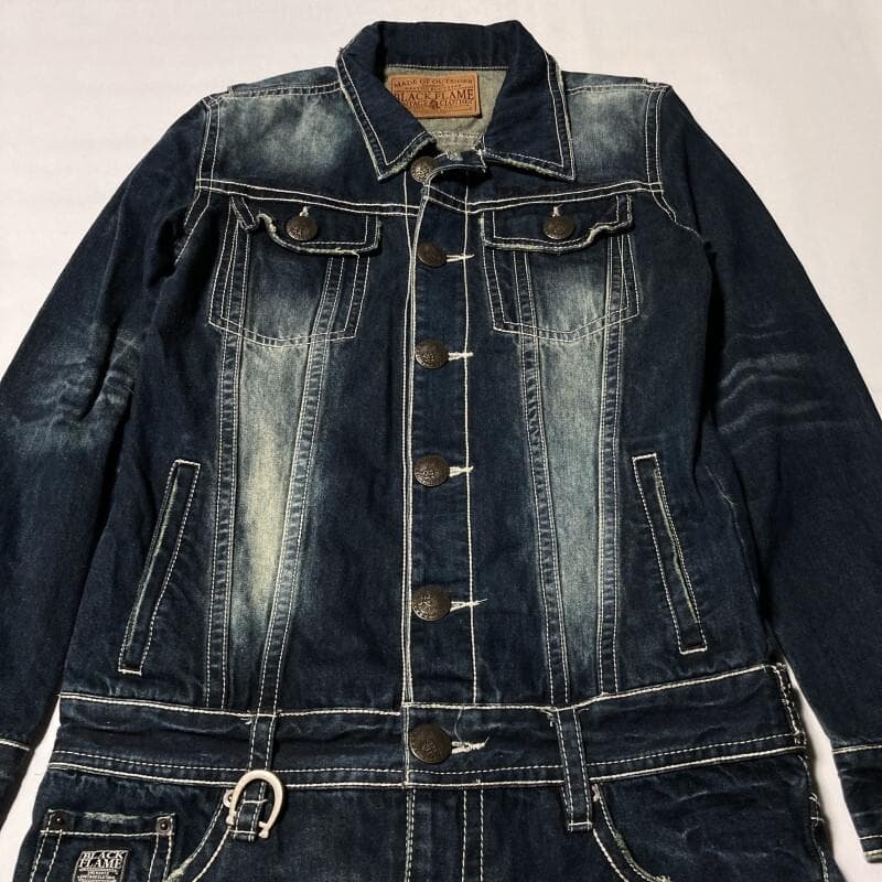 BLACK FLAME★背スカル&ロゴ刺繍 ヴィンテージ デニムツナギ 15.5