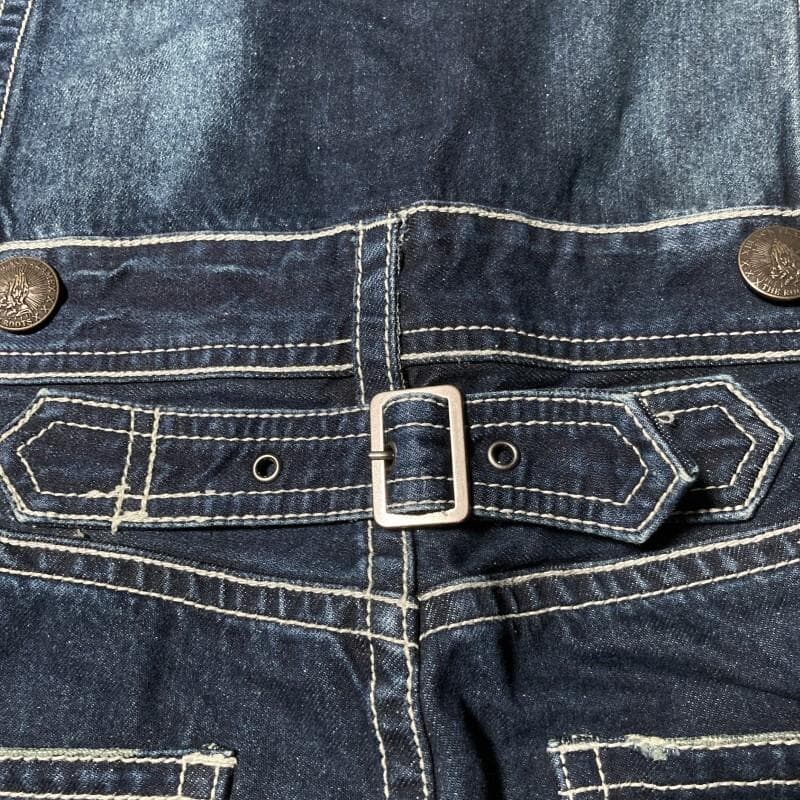 BLACK FLAME★背スカル&ロゴ刺繍 ヴィンテージ デニムツナギ 15.5