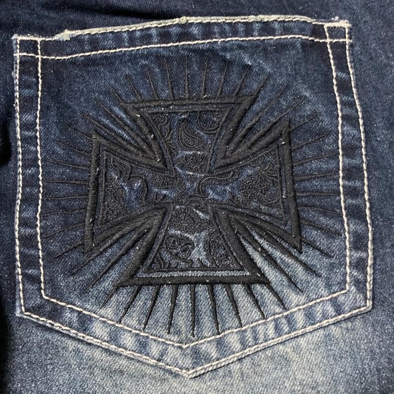 BLACK FLAME★背スカル&ロゴ刺繍 ヴィンテージ デニムツナギ 15.5