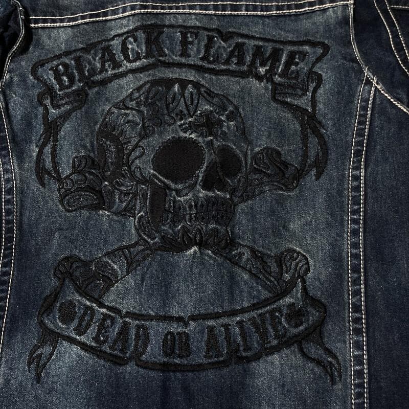 BLACK FLAME★背スカル&ロゴ刺繍 ヴィンテージ デニムツナギ 15.5