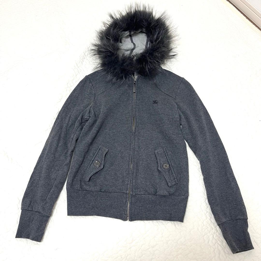 希少 美品バーバリーブルーレーベル パーカー ファー付 ノバチェック 38