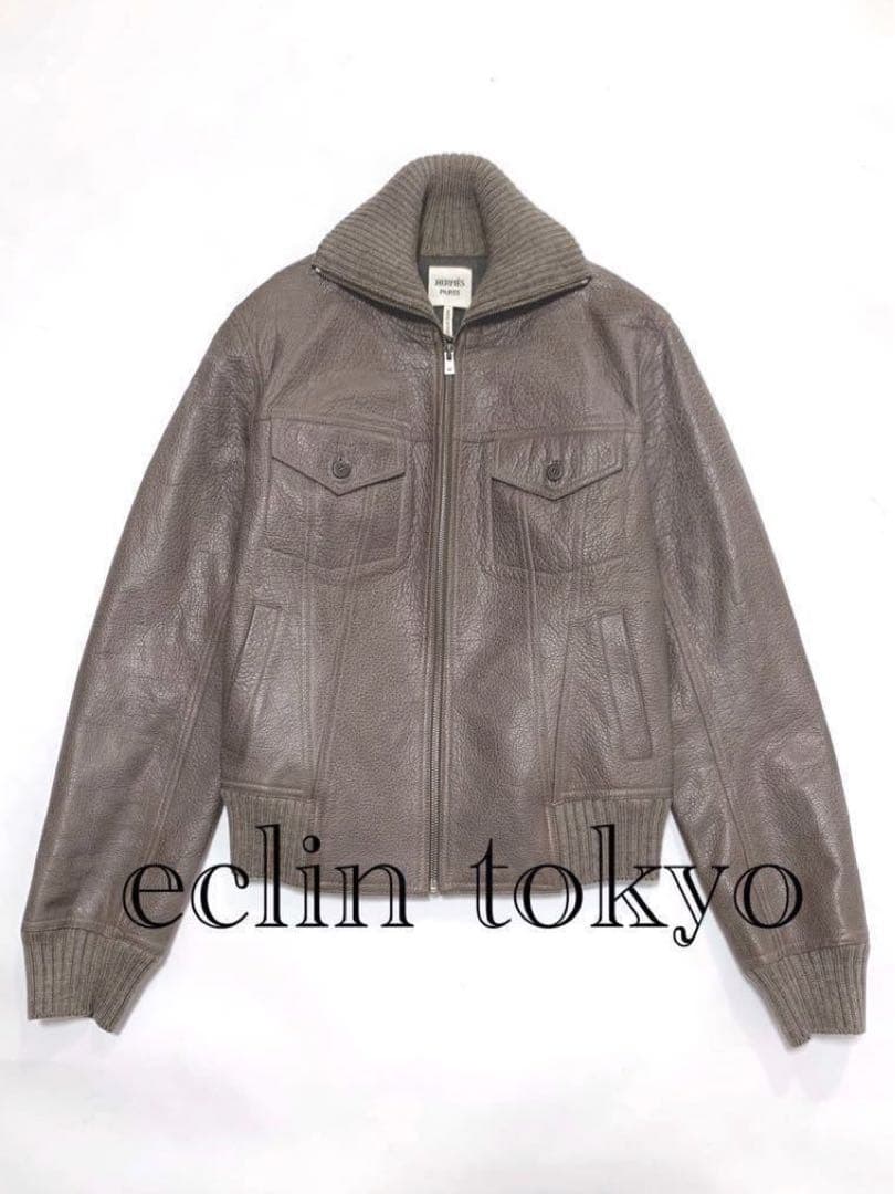HERMES 《エトゥープ系》レザー ライダース ジャケット E2474