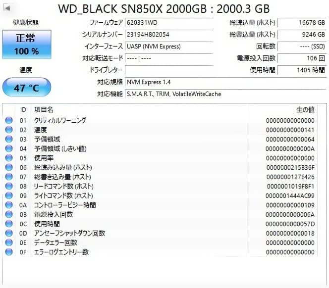 WD_BLACK SN850X 2TB NVMe SSD　使用時間1405時間