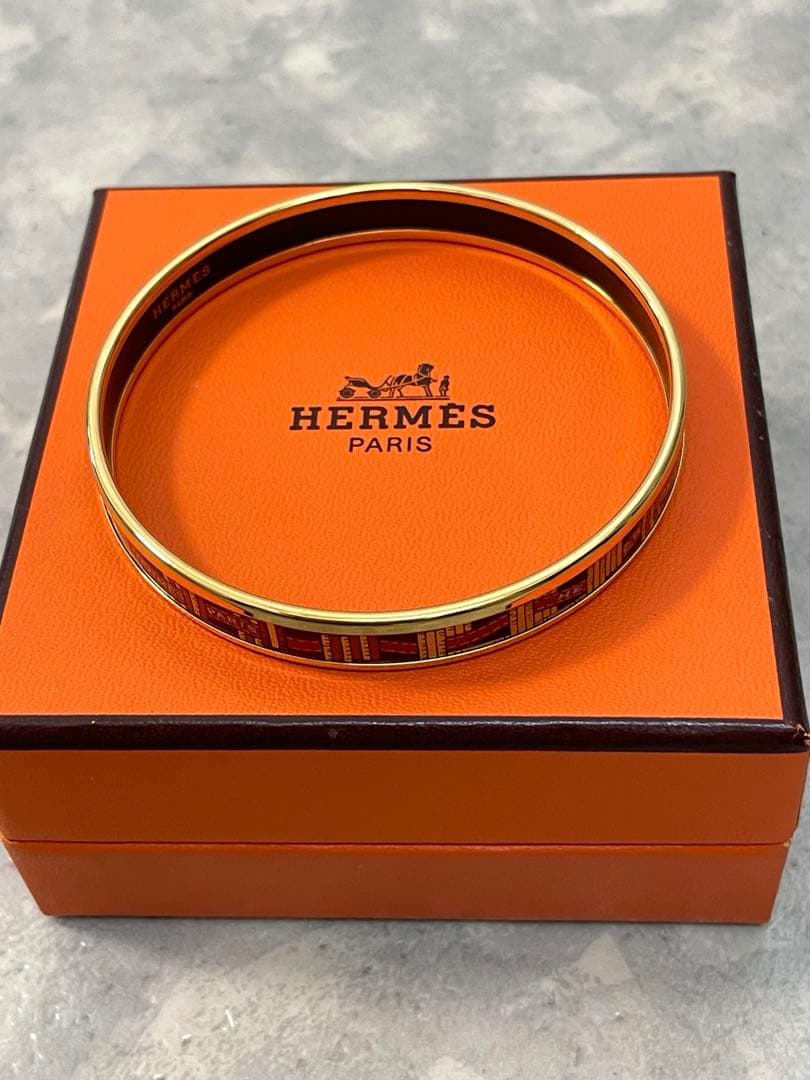 【エルメス】エマイユＰＭ　ゴールド　バングル　ロゴリボン柄　レディース