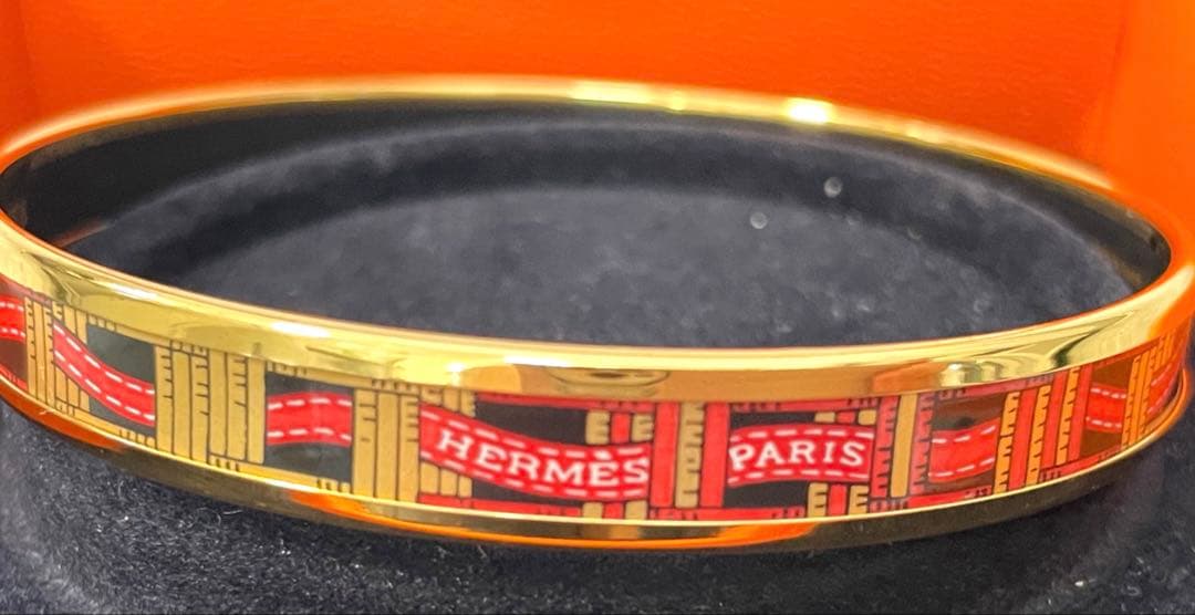 【エルメス】エマイユＰＭ　ゴールド　バングル　ロゴリボン柄　レディース