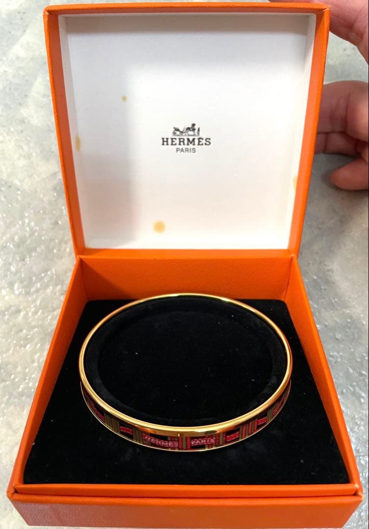 【エルメス】エマイユＰＭ　ゴールド　バングル　ロゴリボン柄　レディース