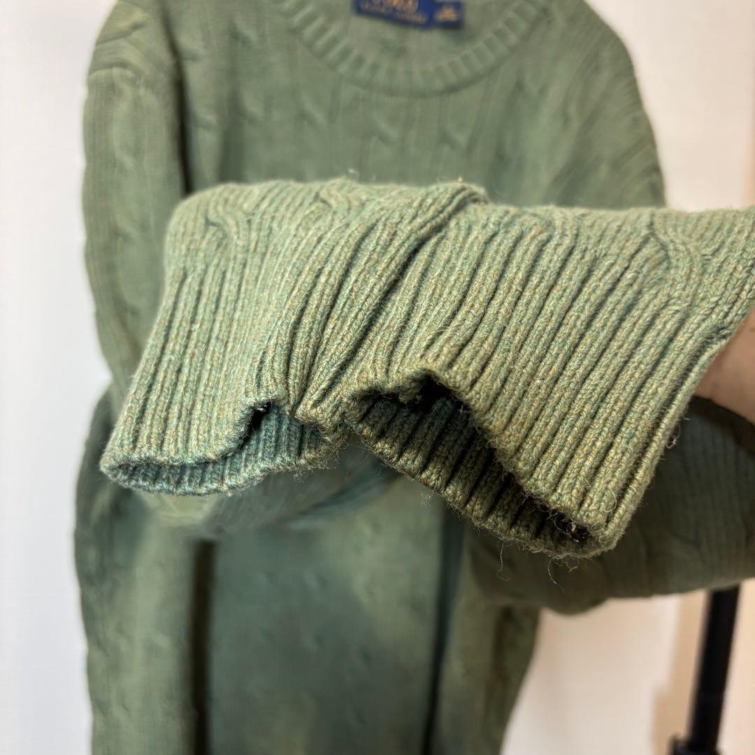 ポロラルフローレン シルク100% ケーブルニットセーター ロゴ刺繍 カーキ M