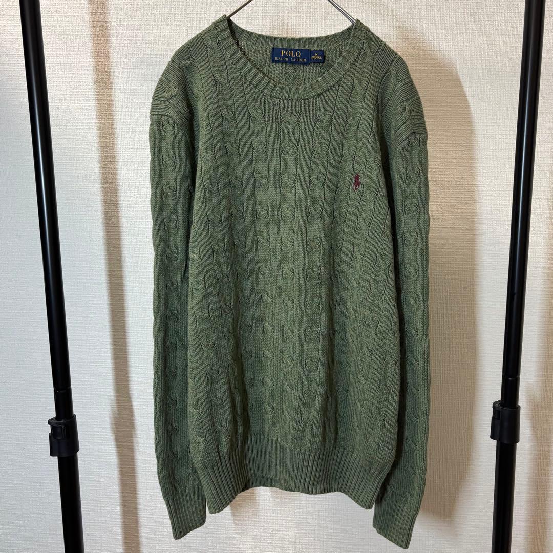 ポロラルフローレン シルク100% ケーブルニットセーター ロゴ刺繍 カーキ M