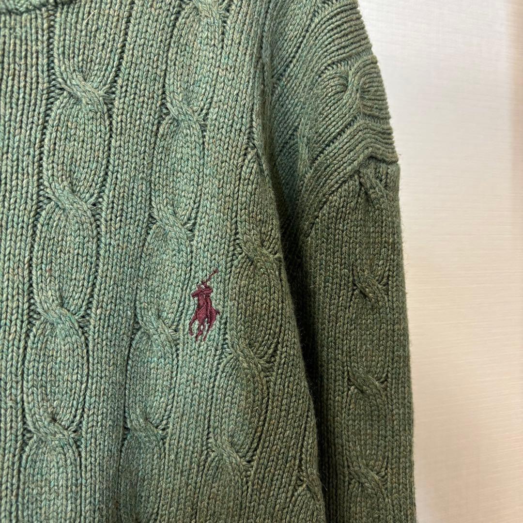 ポロラルフローレン シルク100% ケーブルニットセーター ロゴ刺繍 カーキ M