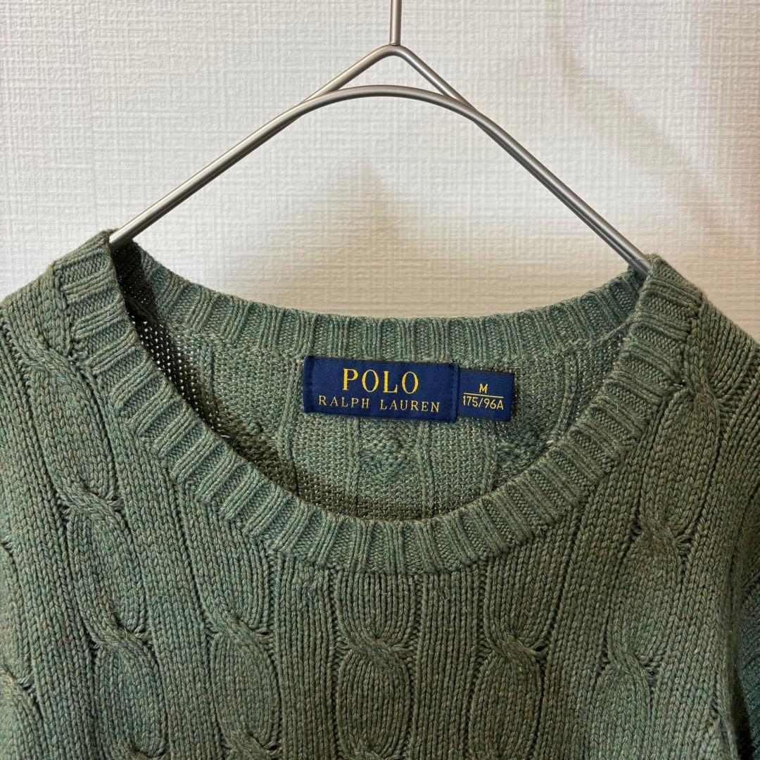 ポロラルフローレン シルク100% ケーブルニットセーター ロゴ刺繍 カーキ M