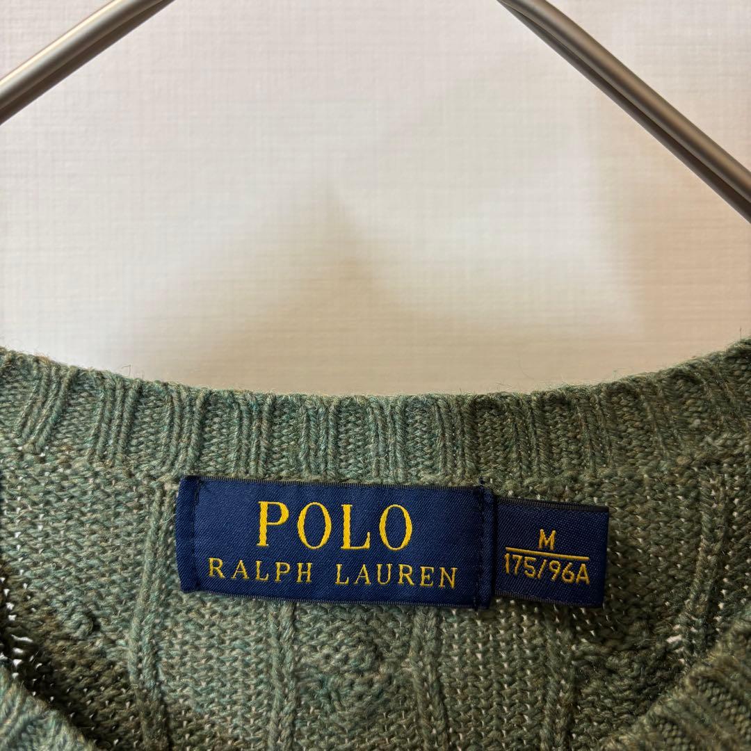 ポロラルフローレン シルク100% ケーブルニットセーター ロゴ刺繍 カーキ M