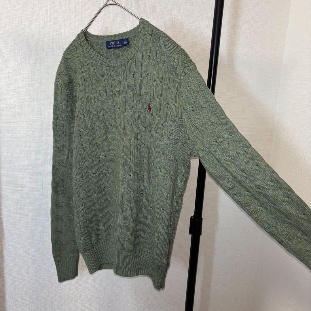 ポロラルフローレン シルク100% ケーブルニットセーター ロゴ刺繍 カーキ M