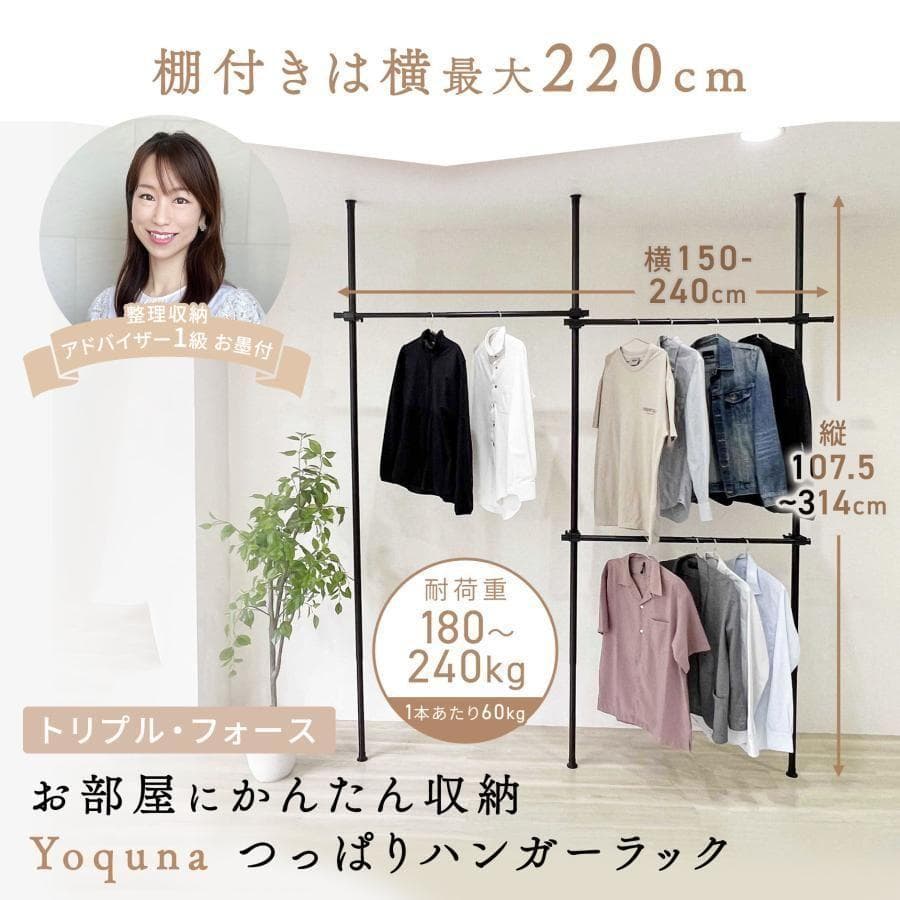 北海道２本ハンガーラック 突っ張り 4段 伸縮 収納 黒 新生活 1833