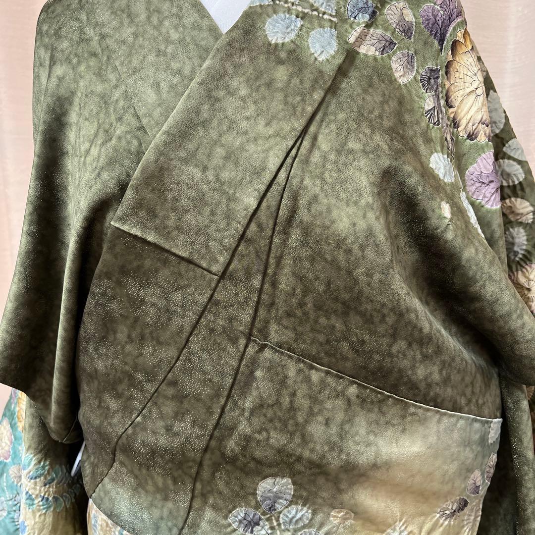 豪華 濃く深い緑からエメラルドグリーンの染め分け 辻ヶ花訪問着 作家物落款あり