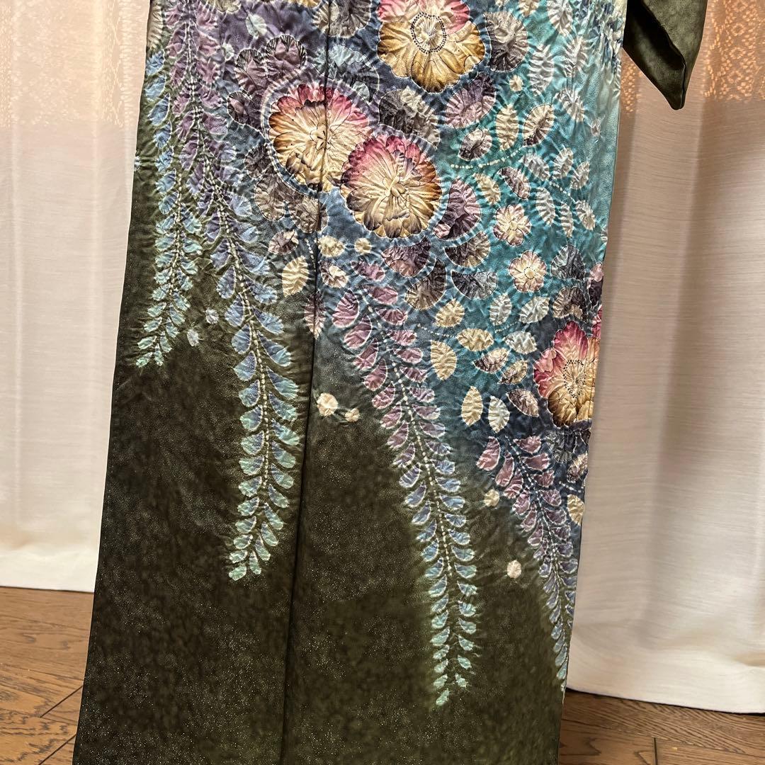 豪華 濃く深い緑からエメラルドグリーンの染め分け 辻ヶ花訪問着 作家物落款あり