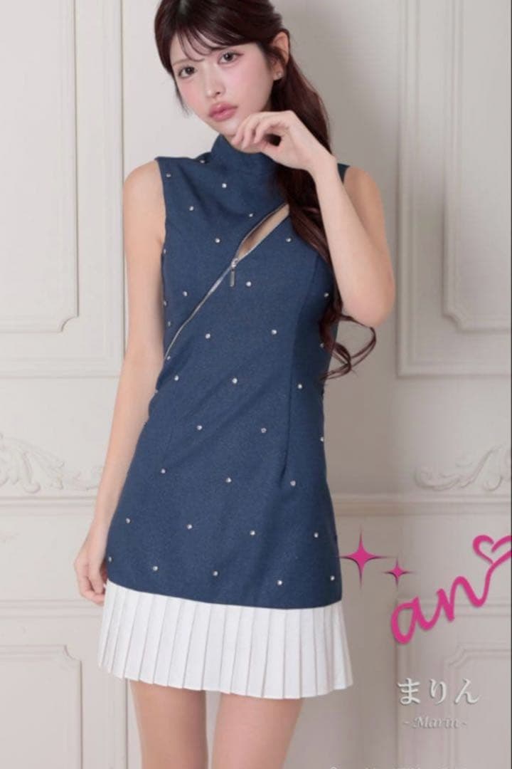 an/sugar/フロントジッパービジュープリーツミニドレス