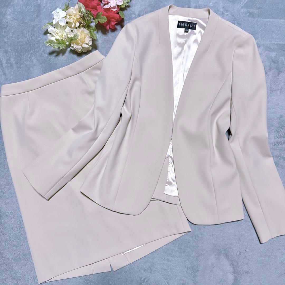 【未使用】INDIVI スーツ ノーカラー スカート 洗濯可能 レディース M