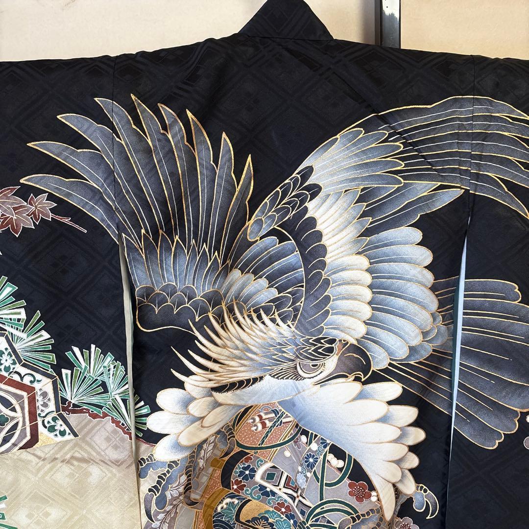 【美品】お宮参り　男児着物長襦袢セット　鷹柄