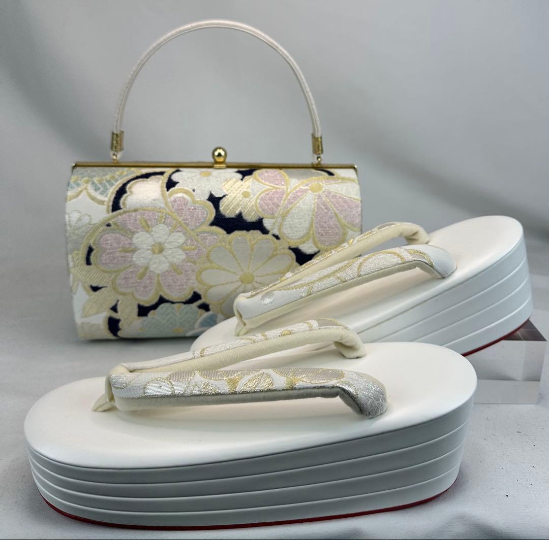 正絹帯地　振袖厚底草履バックセット　 減りずらい赤クレープ底使用