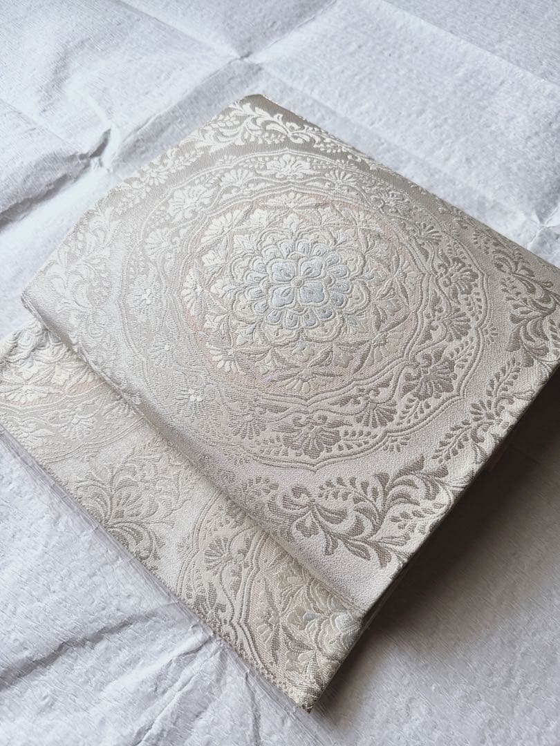 【訳あり特別価格】　正絹　袋帯　六通柄　正倉院華文　アラベスク　銀糸