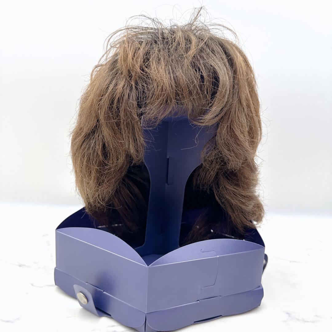 美品 フォンテーヌ 人毛100%フルウィッグ ブラウン系 ウェーブ パーマ