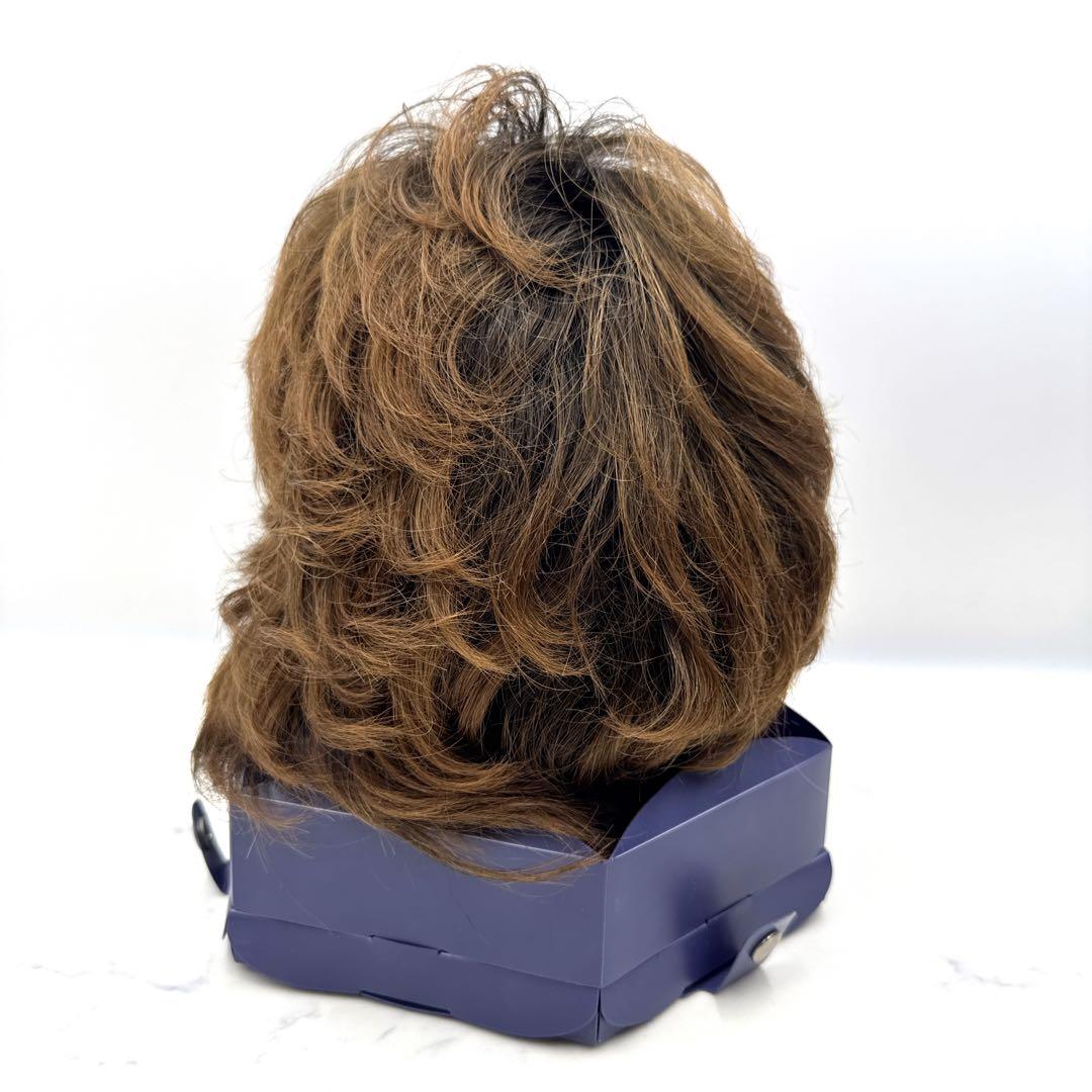 美品 フォンテーヌ 人毛100%フルウィッグ ブラウン系 ウェーブ パーマ