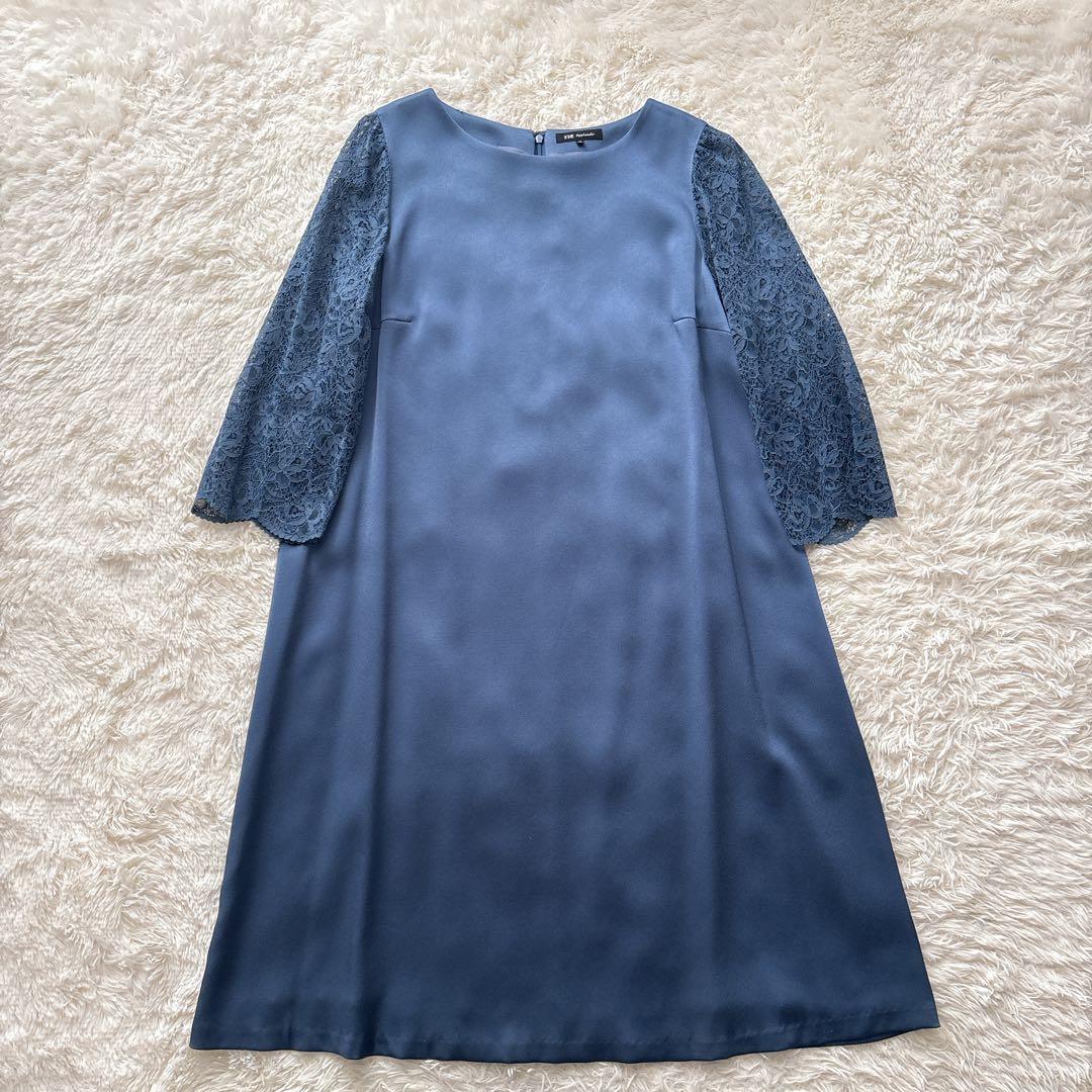 【美品】23区 袖レース 長袖ワンピース　ブルー 光沢 46 大きいサイズ