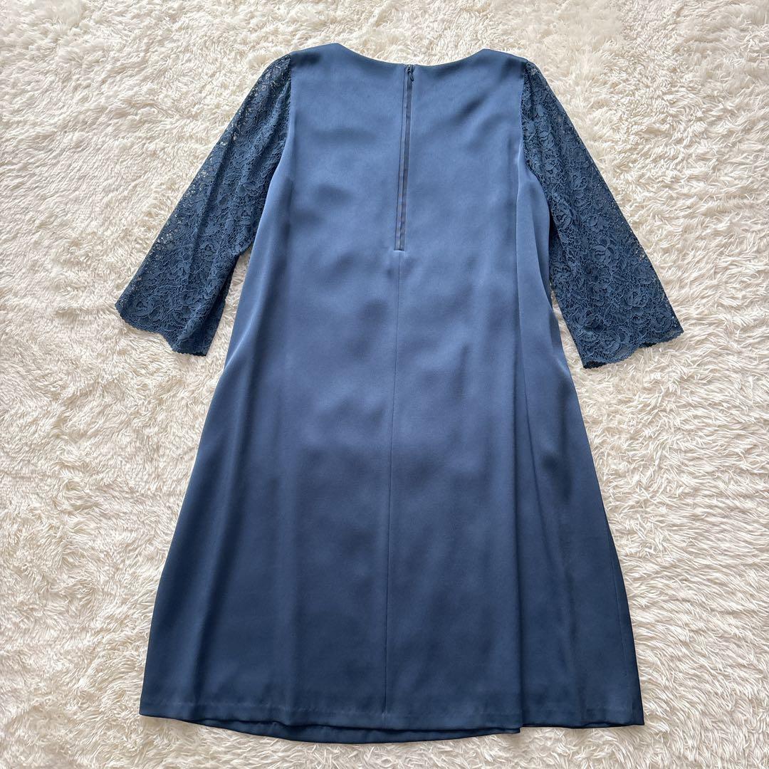 【美品】23区 袖レース 長袖ワンピース　ブルー 光沢 46 大きいサイズ