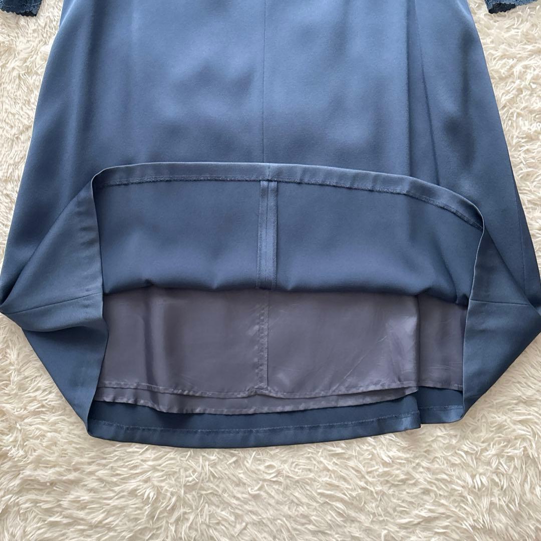 【美品】23区 袖レース 長袖ワンピース　ブルー 光沢 46 大きいサイズ