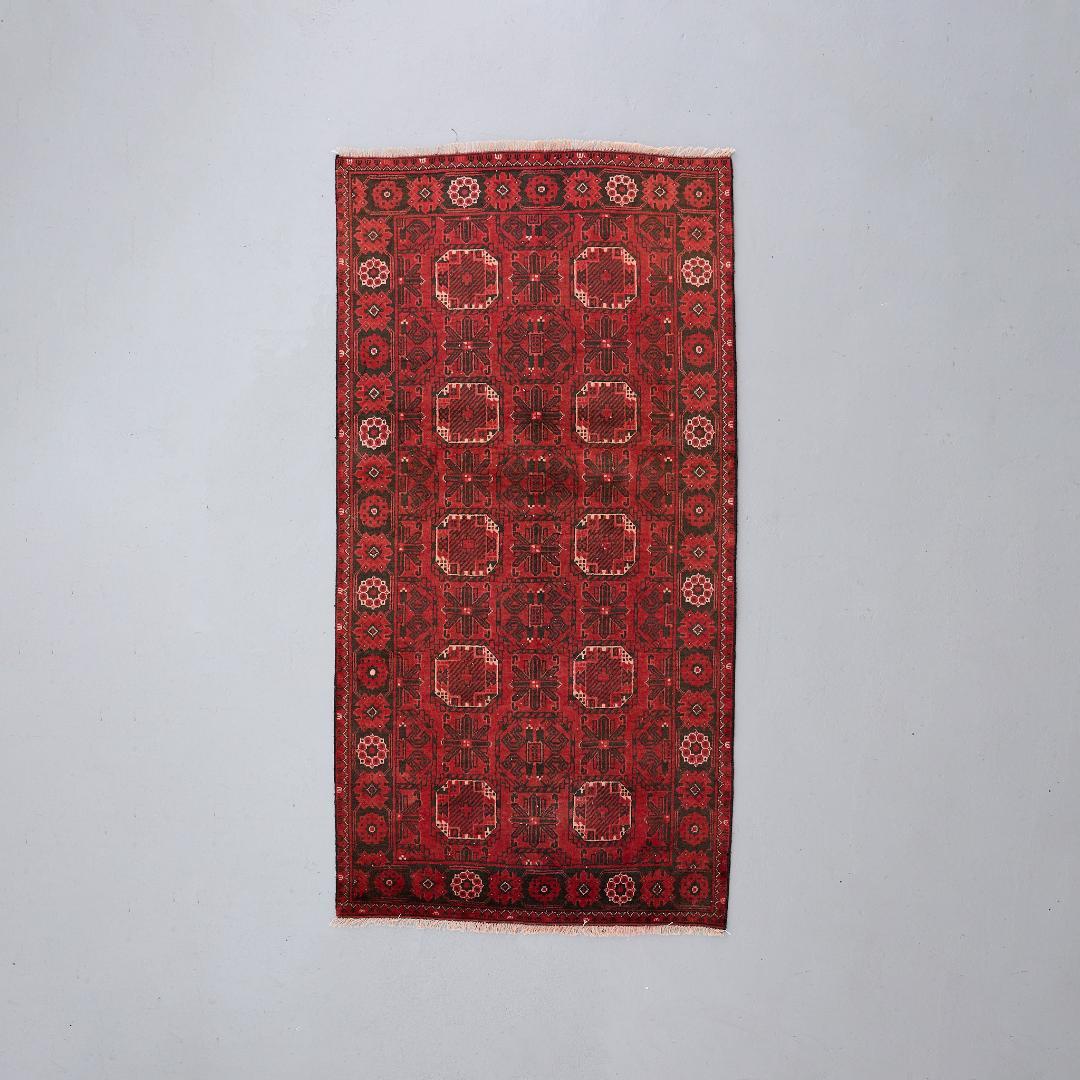 ヴィンテージ絨毯　トライバルラグ　トルクメン族　ウール（193×99cm）赤・黒