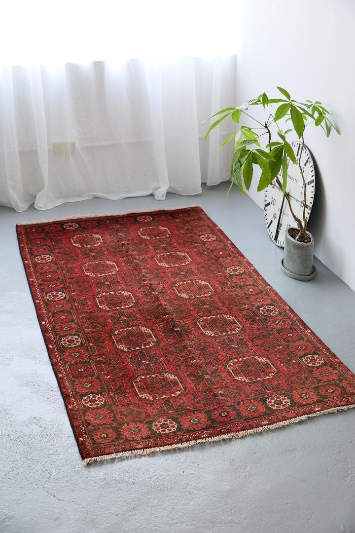 ヴィンテージ絨毯　トライバルラグ　トルクメン族　ウール（193×99cm）赤・黒