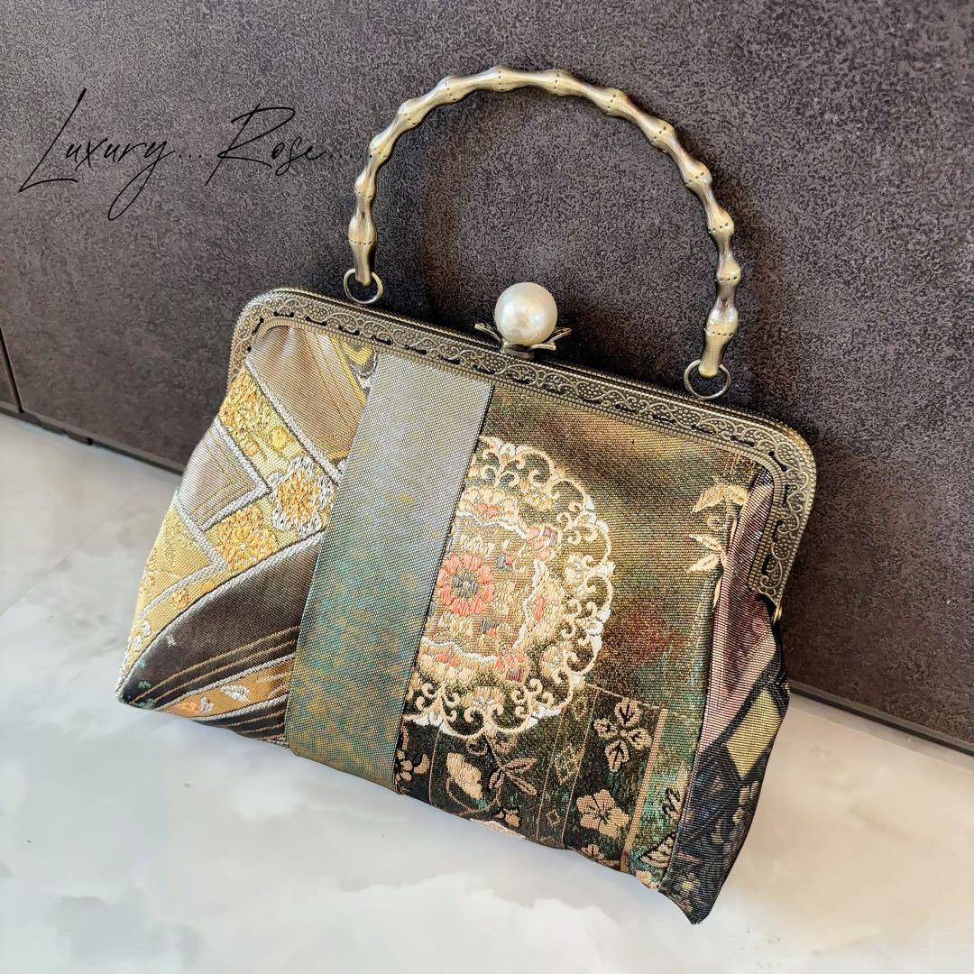1点限定！！螺鈿細工を用いた5種上品高級帯地でパッチワーク上品帯地バッグ