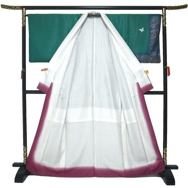 訪問着 袷 金彩加工 銀通し 手染め 緑 揚羽蝶 裄66 Ｌ 中古 sn1878