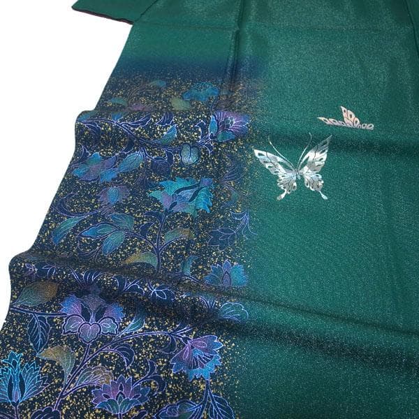 訪問着 袷 金彩加工 銀通し 手染め 緑 揚羽蝶 裄66 Ｌ 中古 sn1878