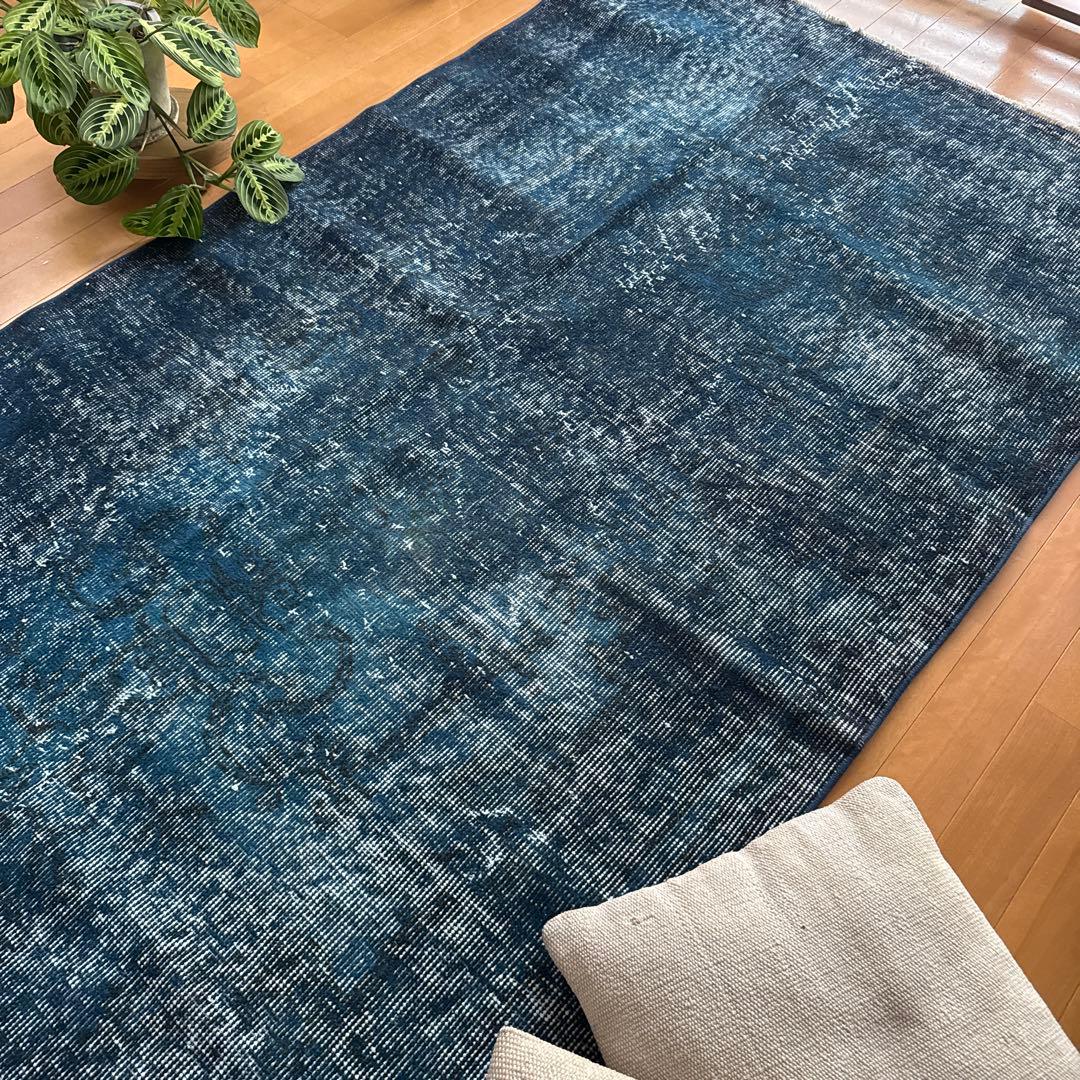 110×191ネイビーインディゴブルー　オーバーダイ　トルコヴィンテージラグ