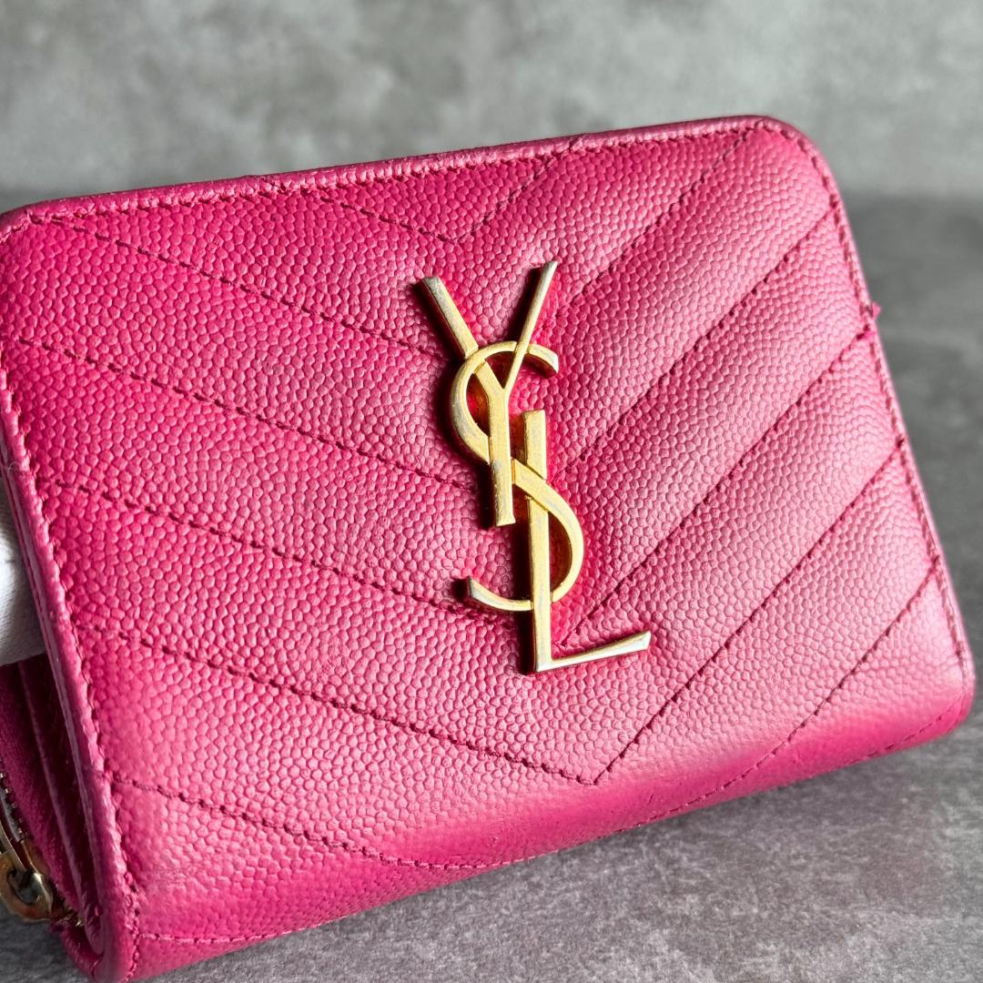 ⭐️サンローラン⭐️ Vステッチ コンパクトウォレット ピンク YSLロゴ