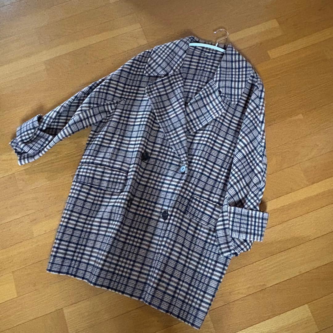 美品☆Mila owenフラップポケットハーフ丈コクーン接結コート チェック柄