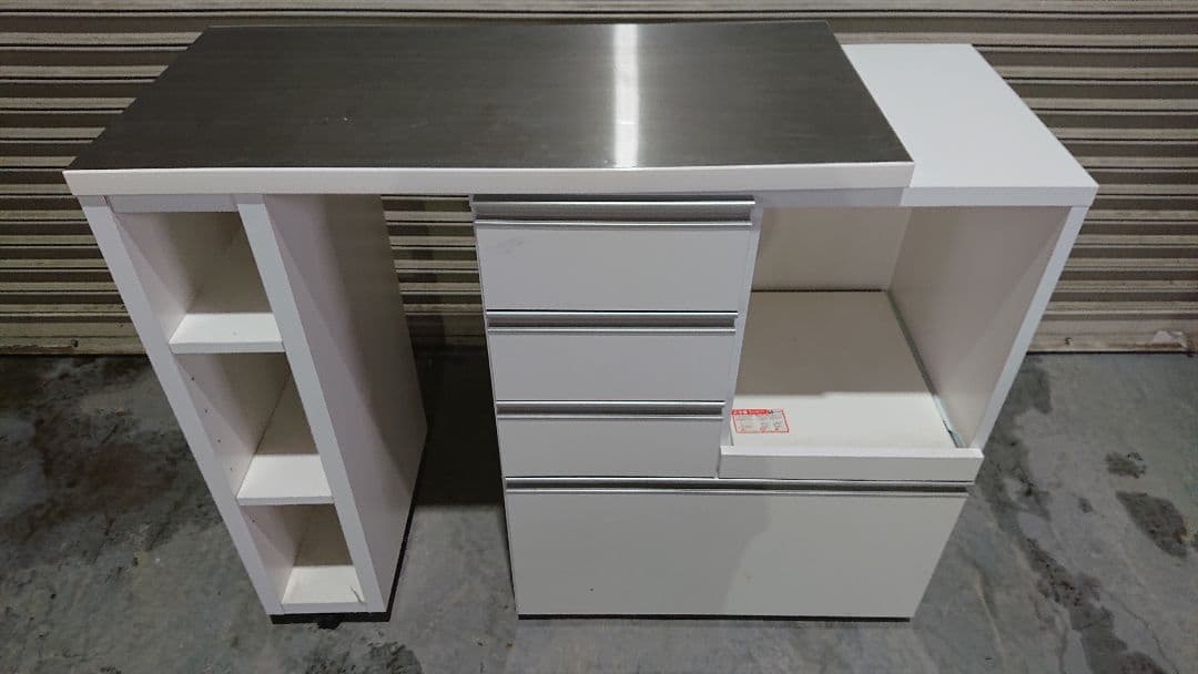 家具の大丸 キッチン収納 スライド伸長式カウンター ホワイト ステンレス天板