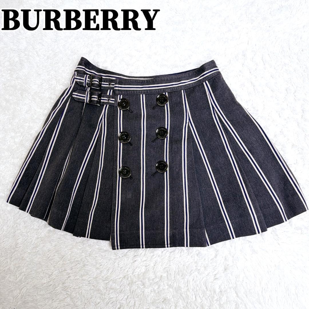 希少✨ BURBERRY プリーツ ミニスカート ベルト ストライプ ボタン