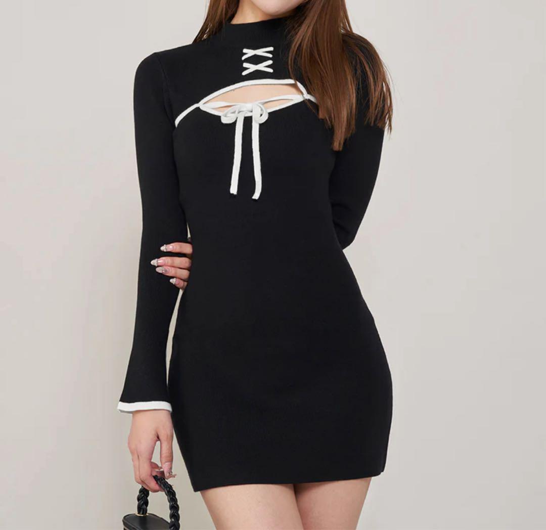 ダーリッチ　フロントオープンリボンニットミニワンピース