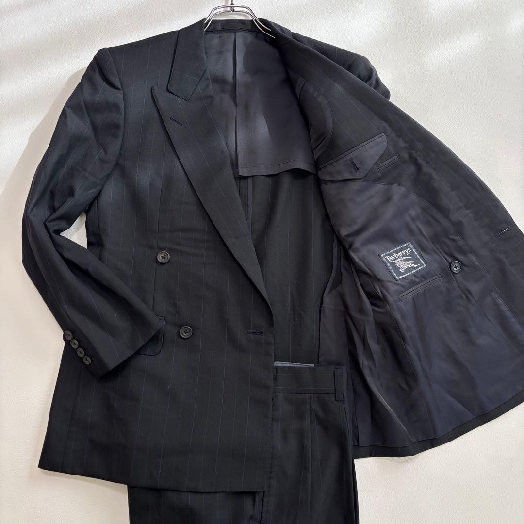 美品 バーバリー ダブル スーツ セットアップ Sサイズ ストライプ ネイビー