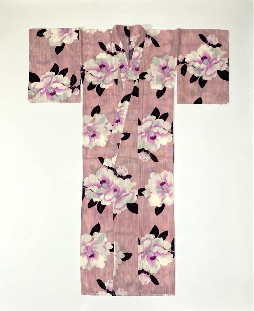 【浴衣5点セット】ボヌールセゾン　浴衣　半幅帯　飾り帯　かごバッグ　下駄　椿　縞