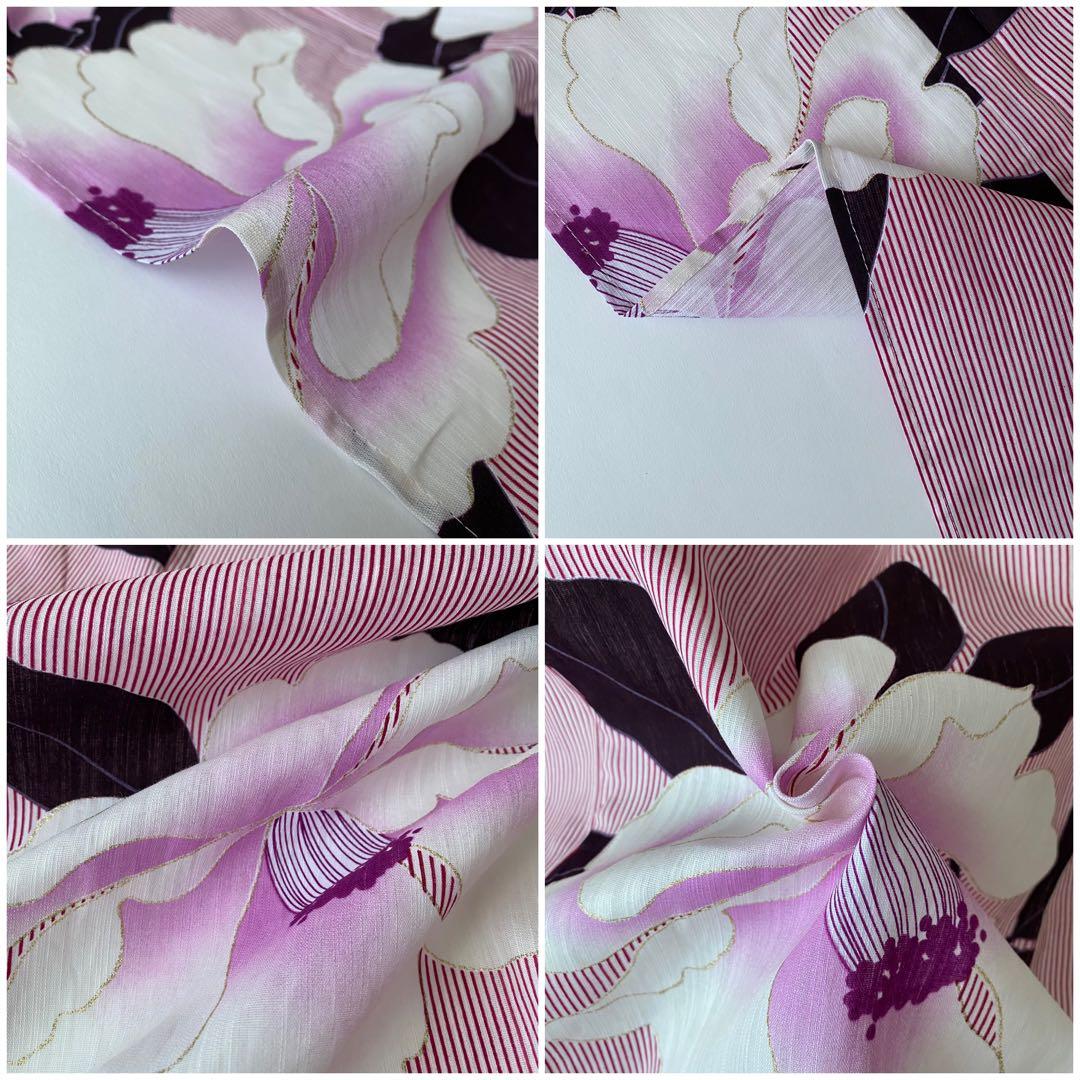 【浴衣5点セット】ボヌールセゾン　浴衣　半幅帯　飾り帯　かごバッグ　下駄　椿　縞